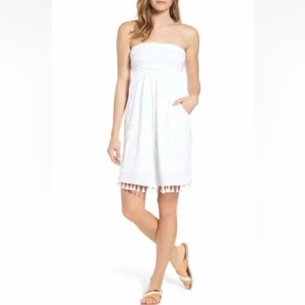 Velvet by Graham & Spencer White Tassel Strapless Swim Cover-Up